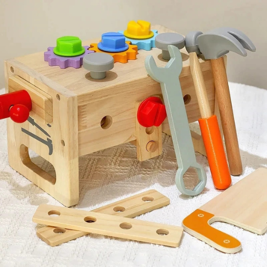 Kit de Ferramentas Montessori em Madeira com Bancada Interativa