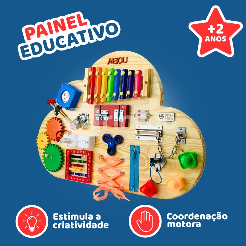 Painel Sensorial Montessori em Madeira Pinus - Modelo Nuvem 55x75