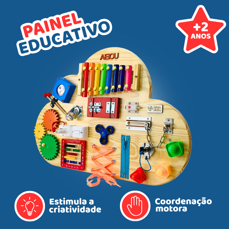 Painel Sensorial Montessori em Madeira Pinus - Modelo Nuvem 55x75